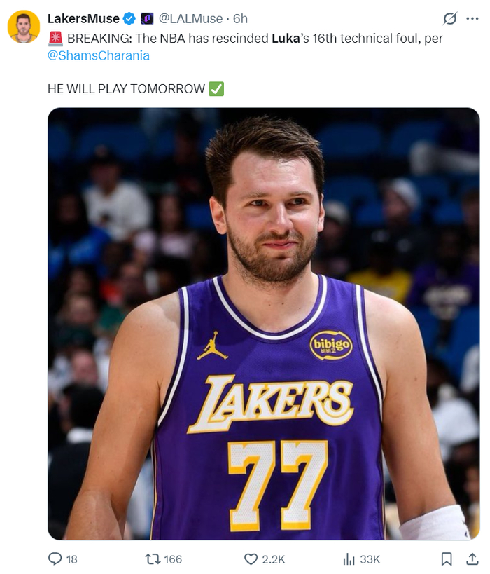 东契奇技术犯规被取消 湖人13场12胜引热议