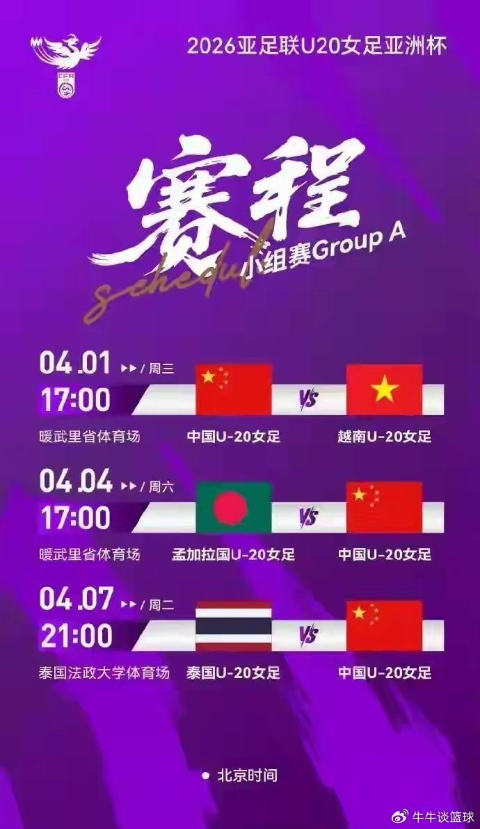 中国U20女足亚洲杯分组揭晓：与泰国越南同组迎